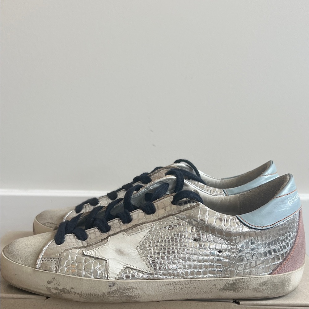 Golden Goose Metallic Sneakers with Pink and Blue Accents